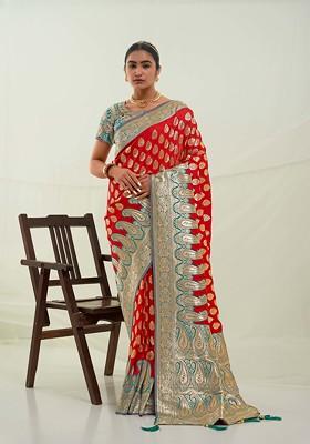 Red Woven Design Work Banarasi Art Silk Saree Set