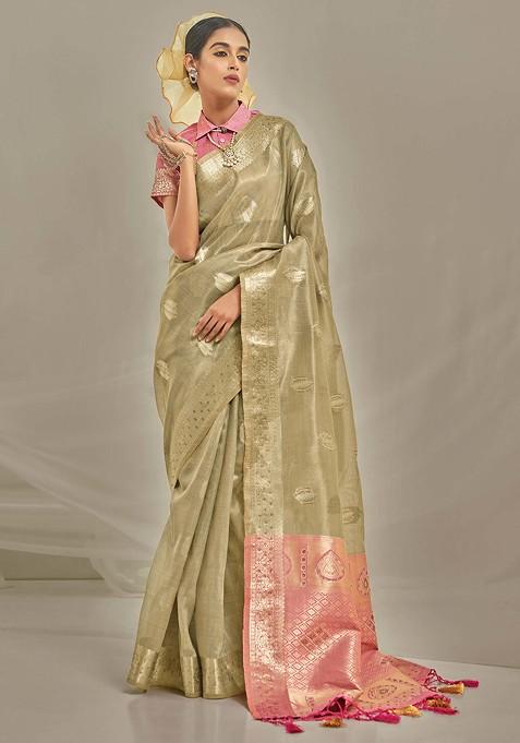 Olive Green Woven Design Art Silk Saree Set