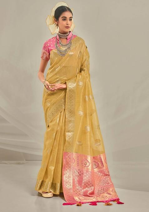 Yellow Woven Design Art Silk Saree Set