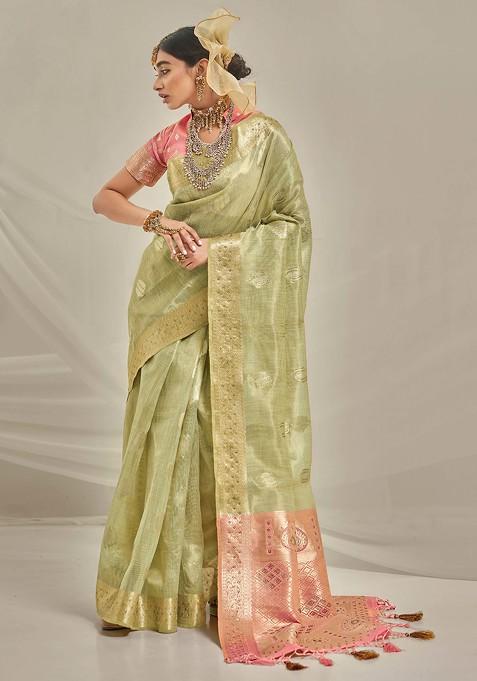 Green Woven Design Art Silk Saree Set