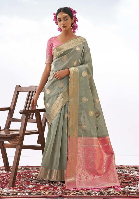 Grey Woven Design Art Silk Saree Set