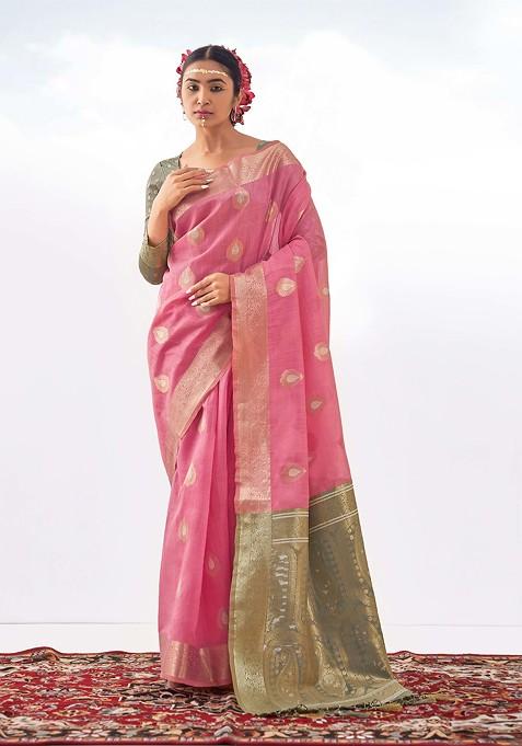 Pink Woven Design Art Silk Saree Set