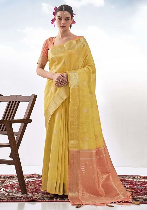 Yellow Woven Design Art Silk Saree Set