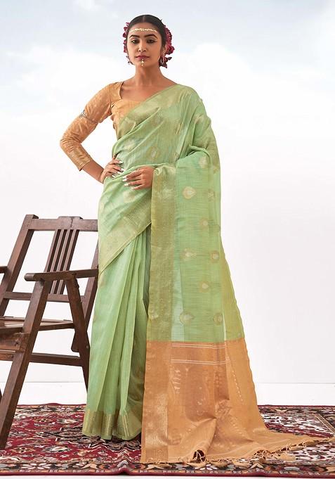 Light Green Woven Design Art Silk Saree Set