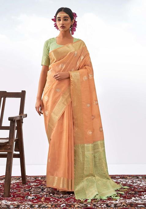 Peach Woven Design Art Silk Saree Set