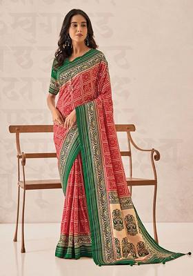Red Foil Print Cotton Silk Saree Set