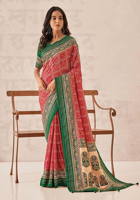 Red Foil Print Cotton Silk Saree Set