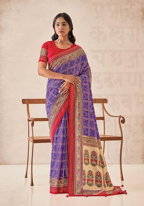 Purple Foil Print Cotton Silk Saree Set