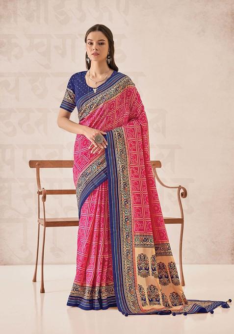 Pink Foil Print Cotton Silk Saree Set