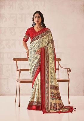Off White Foil Print Cotton Silk Saree Set