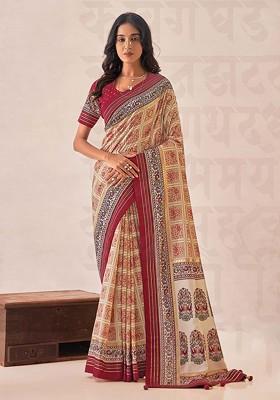 Cream Foil Print Cotton Silk Saree Set