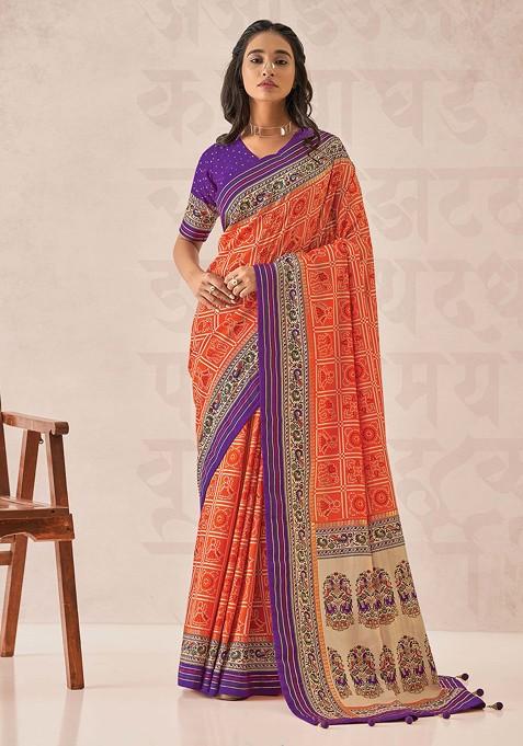 Orange Foil Print Cotton Silk Saree Set