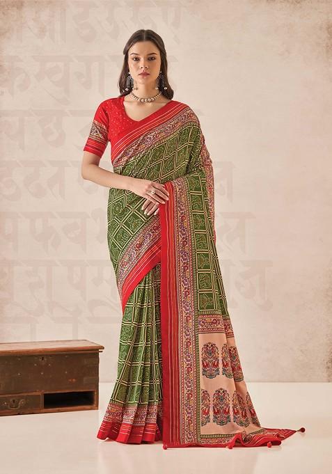 Green Foil Print Cotton Silk Saree Set