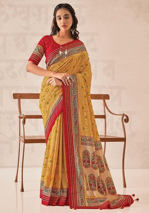 Yellow Foil Print Cotton Silk Saree Set