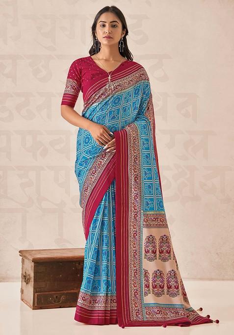 Cyan Foil Print Cotton Silk Saree Set