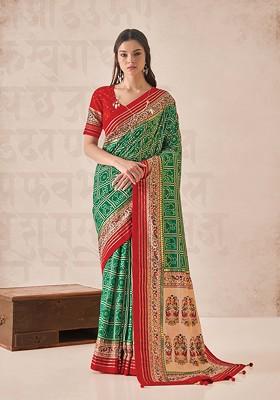 Green Foil Print Cotton Silk Saree Set