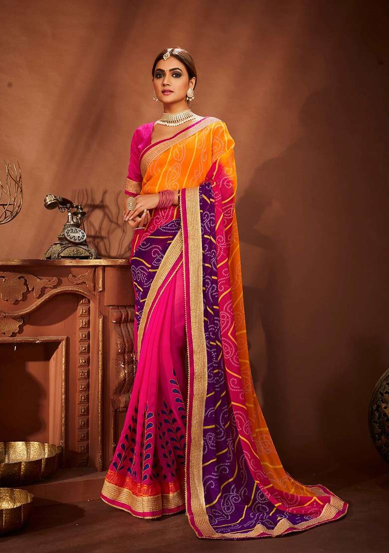 Pink Embroidered Georgette Saree Set for Diwali and Festive Wear - Indya