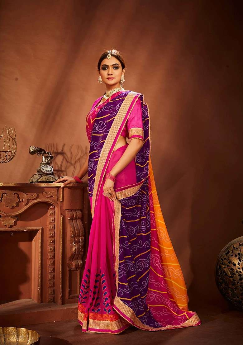 Pink Embroidered Georgette Saree Set for Diwali and Festive Wear - Indya