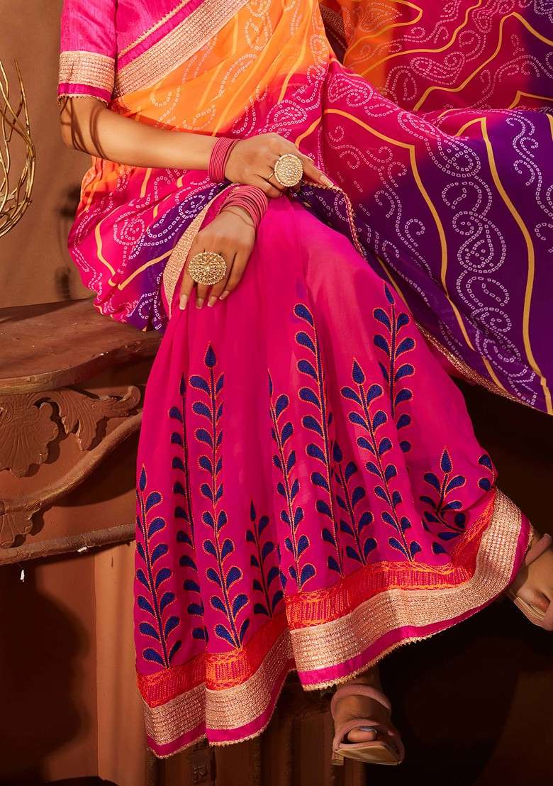 Pink Embroidered Georgette Saree Set for Diwali and Festive Wear - Indya
