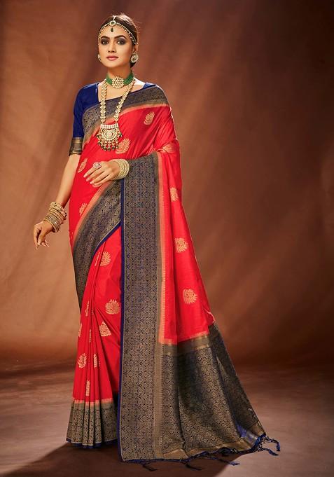 Red Woven Design Banarasi Art Silk Saree Set