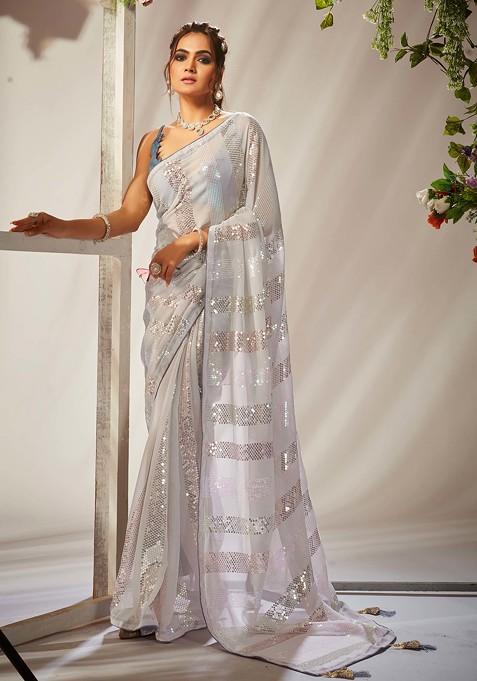 Grey Sequin Embroidered Georgette Saree Set