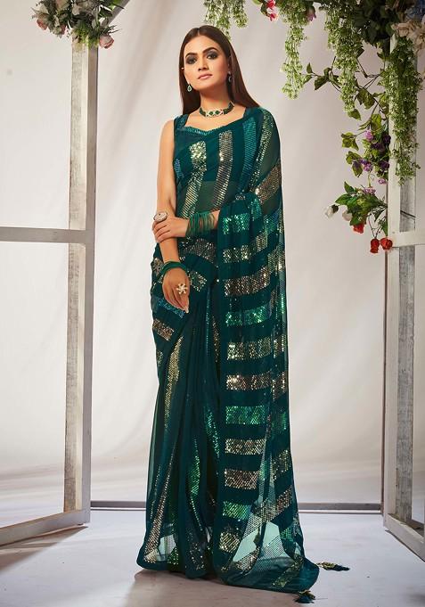 Green Sequin Embroidered Georgette Saree Set