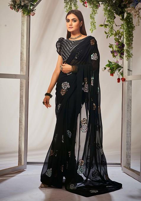 Black Sequin Embroidered Georgette Saree Set