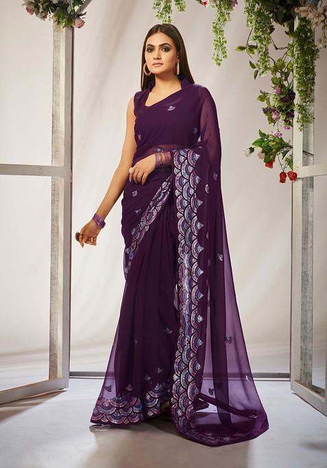 Wine Sequin Embroidered Georgette Saree Set