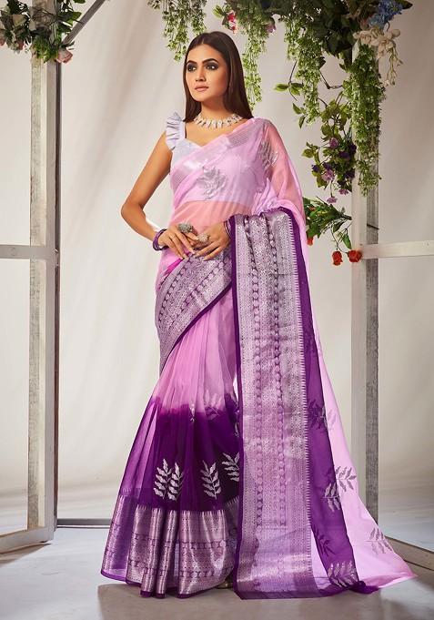 Purple Sequin Embroidered Cotton Silk Saree Set