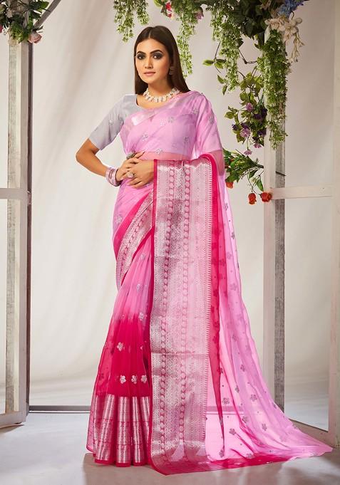 Pink Embroidered Cotton Silk Saree Set