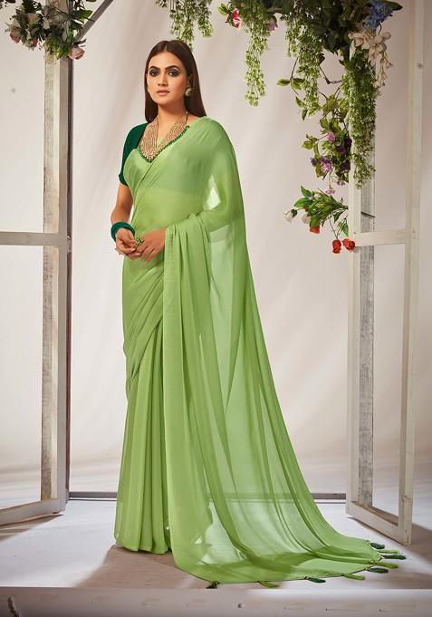 Light Green Solid Georgette Saree Set