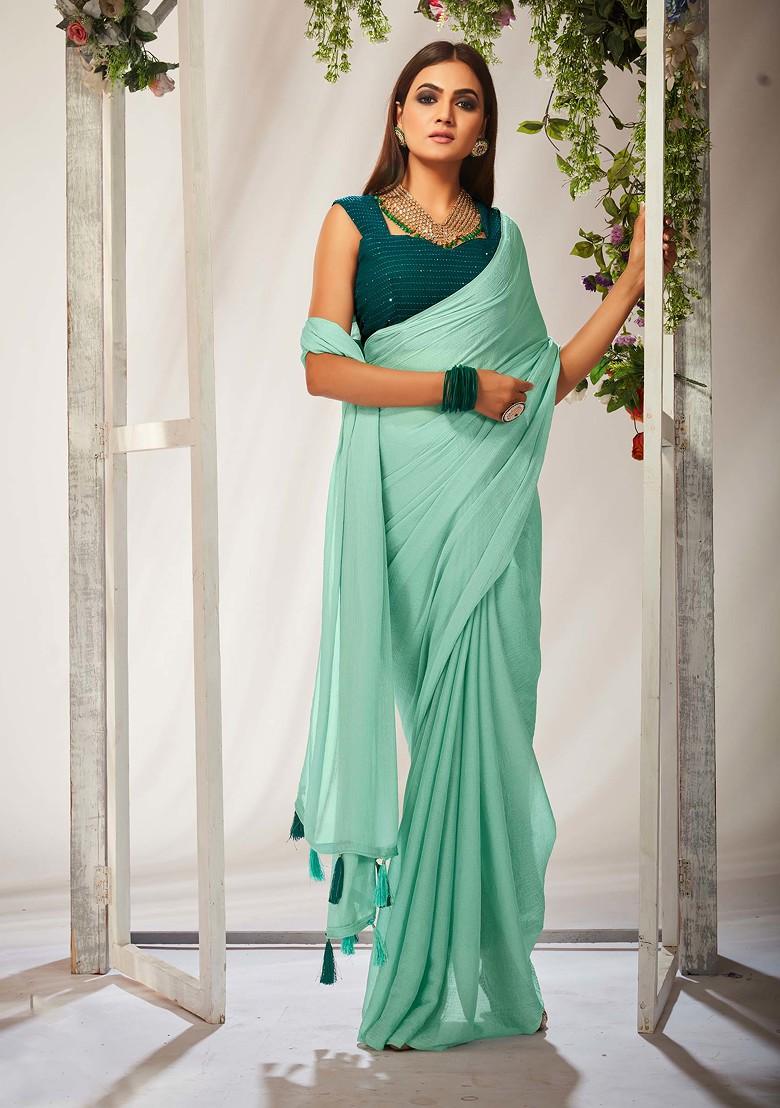 Turquoise Green Solid Georgette Saree Set