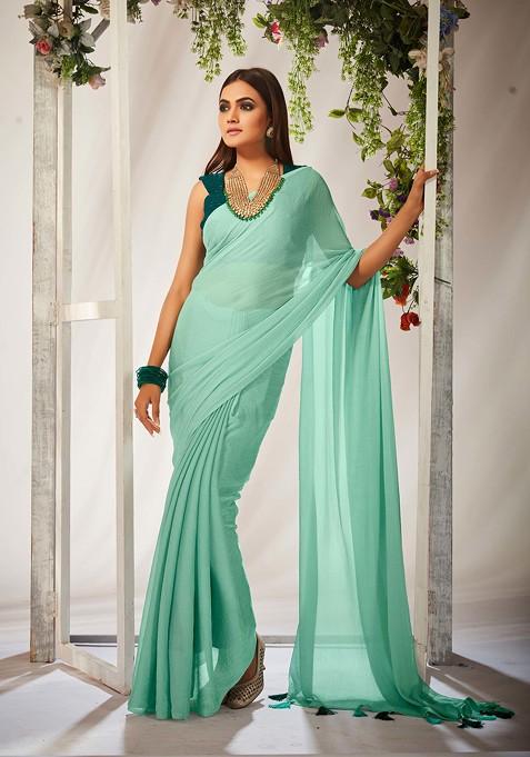 Turquoise Green Solid Georgette Saree Set