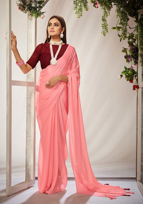 Rose Pink Solid Georgette Saree Set