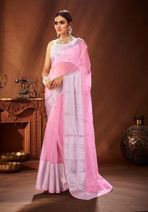 Pink Embroidered Organza Saree Set