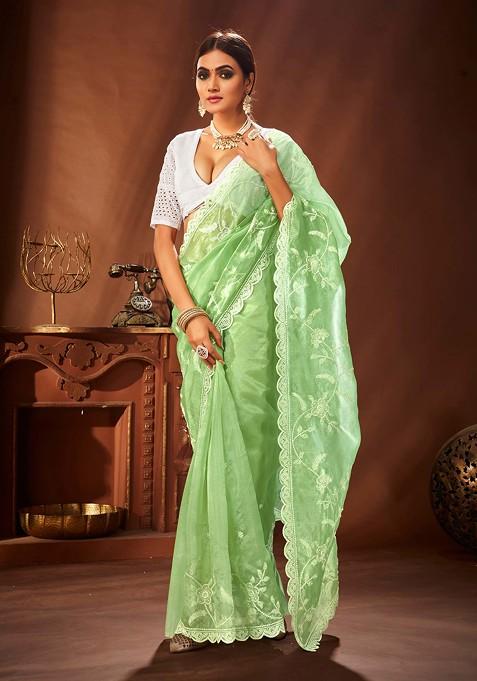 Green Embroidered Organza Saree Set