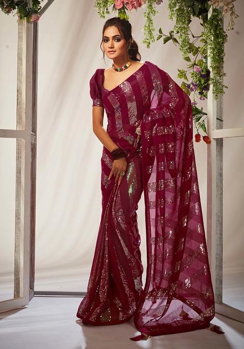 Wine Sequin Embroidered Georgette Saree Set