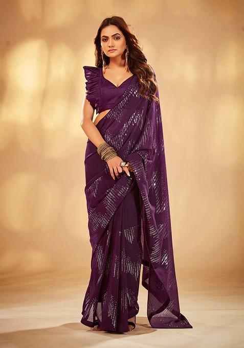 Wine Sequin Embroidered Georgette Saree Set