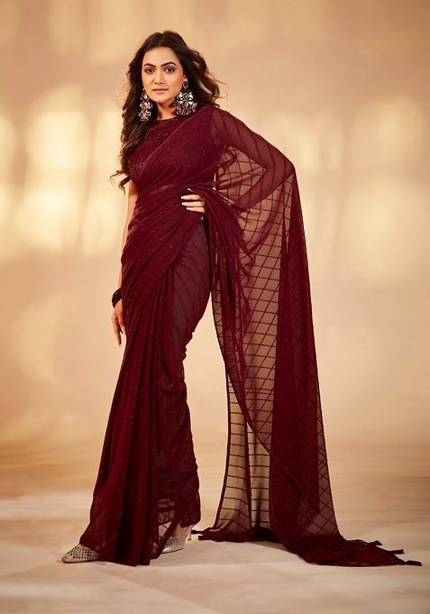 Maroon Sequin Embroidered Georgette Saree Set
