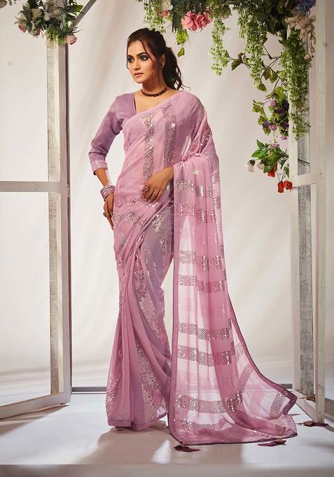 Pink Sequin Embroidered Georgette Saree Set