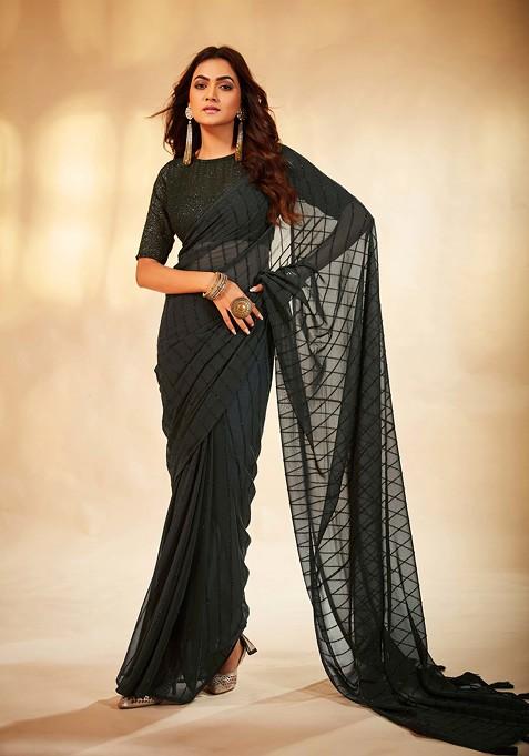 Dark Green Sequin Embroidered Georgette Saree Set