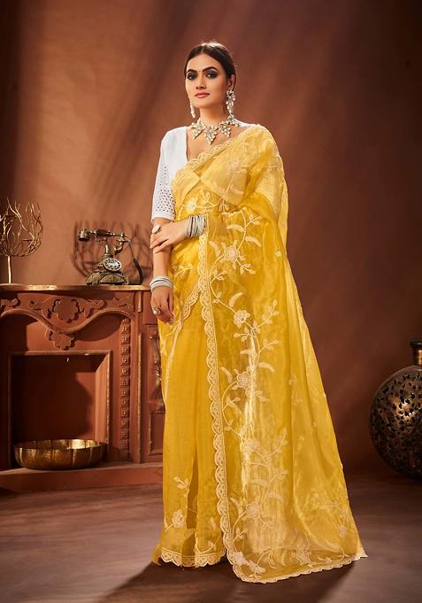 Yellow Embroidered Organza Saree Set