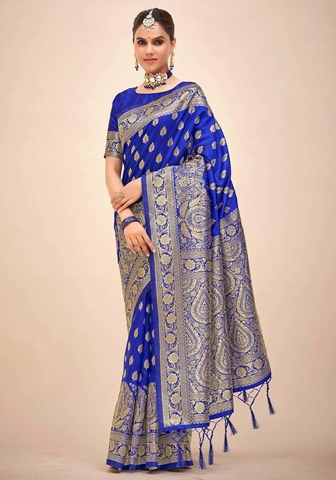 Dark Blue Woven Design Banarasi Art Silk Saree Set