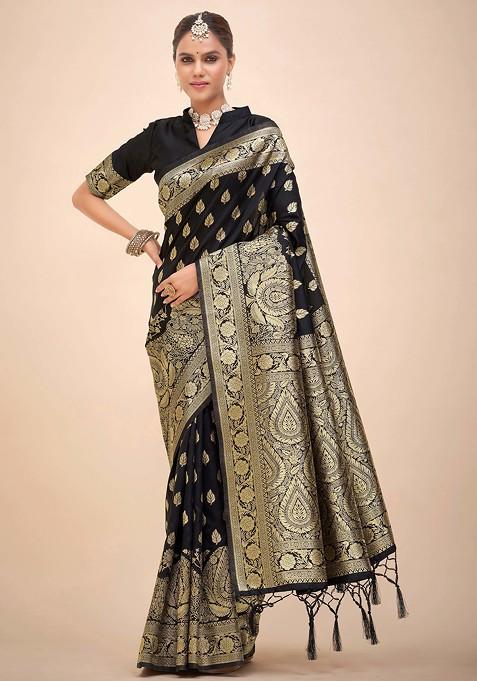 Black Woven Design Banarasi Art Silk Saree Set