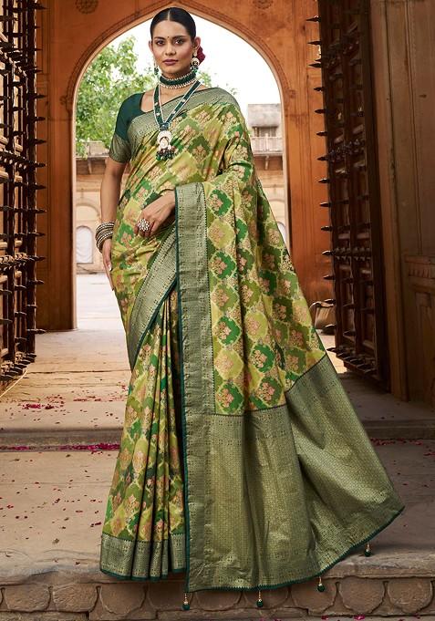 Olive Green Woven Design Cotton Silk Saree Set