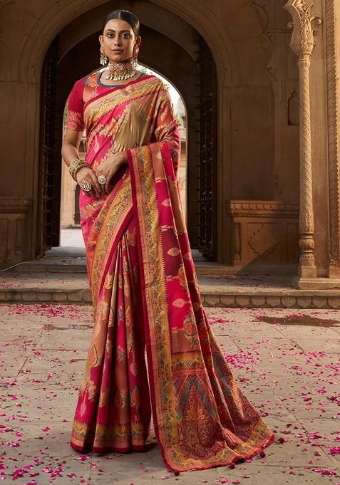 Pink And Red Woven Design Cotton Silk Saree Set