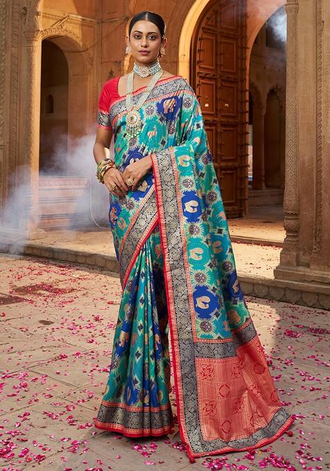 Teal Blue Woven Design Cotton Silk Saree Set