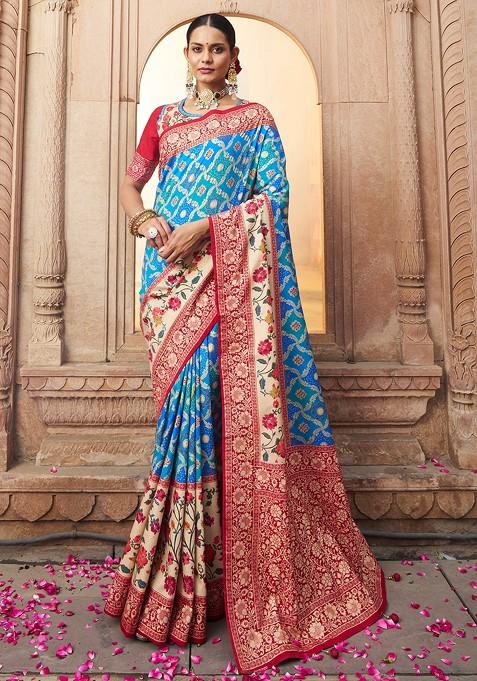 Aqua Blue Woven Design Cotton Silk Saree Set