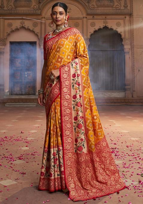 Yellow And Orange Woven Design Cotton Silk Saree Set