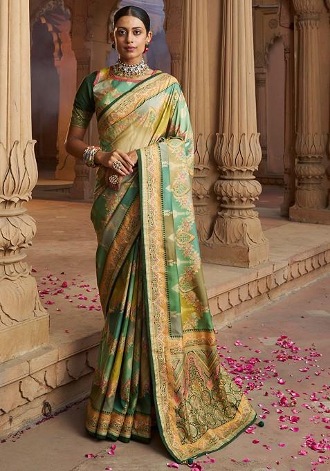 Sea Green Woven Design Cotton Silk Saree Set